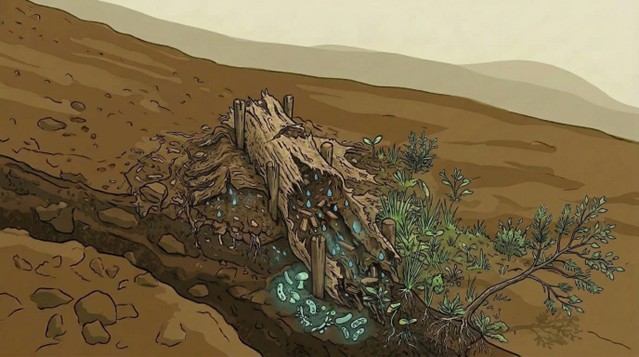 Le tube se biodégrade et une plante s'établit dans un sol régénéré